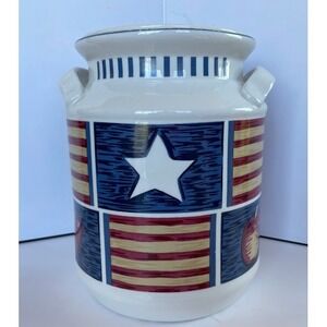 Tienshan Americana Stoneware Cookie Jar Milk Blue Red White Excellent USA Star